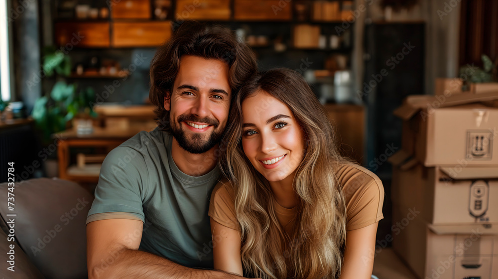 Pareja feliz, joven, en el salón de su casa con algunos muebles y cajas de la mudanza Pareja feliz, joven, en el salón de su casa con algunos muebles y cajas de la mudanza