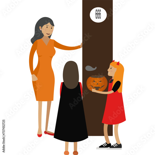 Children in Halloween costume offering trick-or-treat to woman neighbor vector icon isolated on white