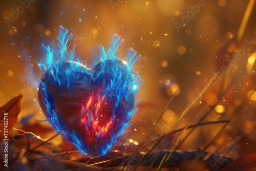 A heart caught in blue and red flames, set against a softly blurred background of a rustic, autumn forest.