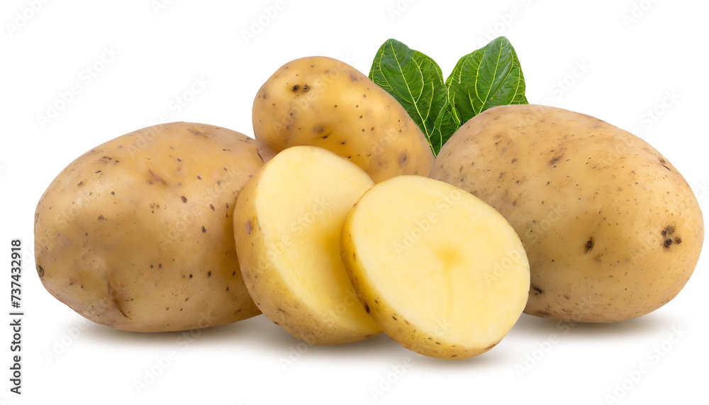 Fresh potatoes with green leaves isolated on white background. Clipping Path