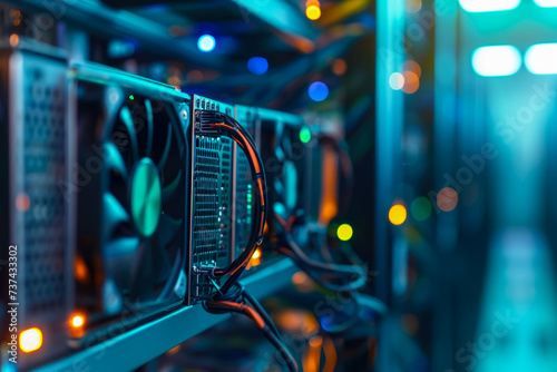 close-up of a cryptocurrency mining rig in a data center. The rig is powerful and efficient, and there are other rigs in the background