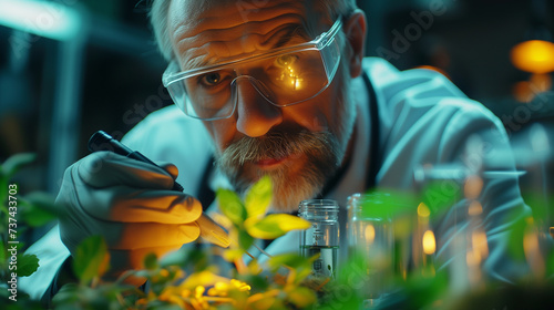 a scientist is looking at a plant with a magnifying glass