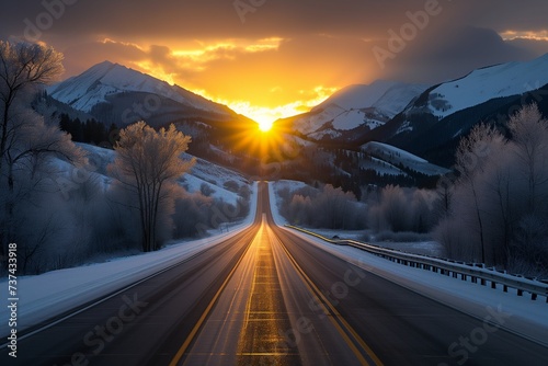 A highway journeying towards a magnificent sunrise, with the sun illuminating a snow-covered mountain range, and the road lined with frost-covered trees. The