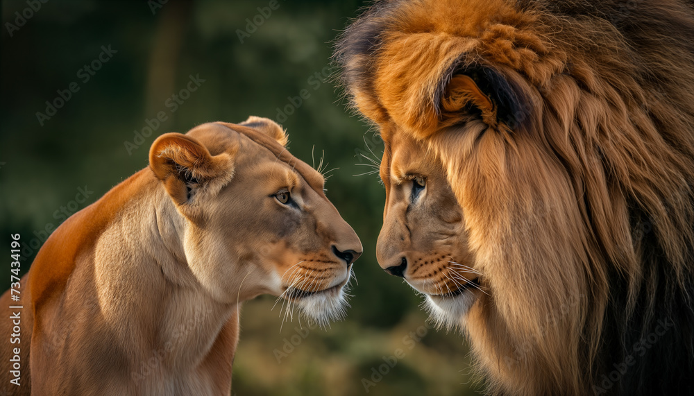 Majestic African lion couple loving pride of the jungle
