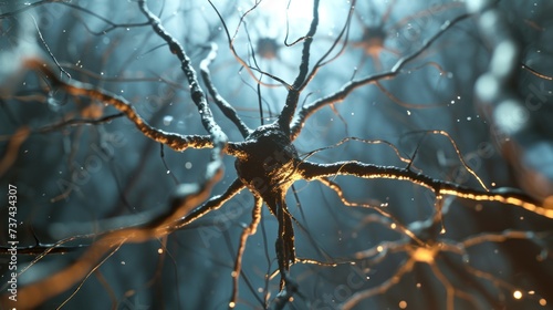 In the image, there is a network of neurons with light shining through them. The background is blue and the lighting is dark, creating a dramatic effect.