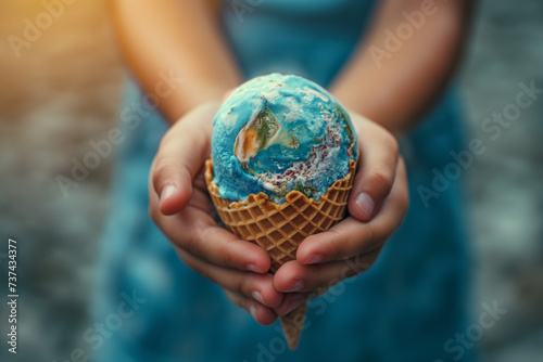 Ice cream cone in the hands of a man, ice cream planet Earth.