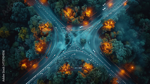 Arial top view of Modern transportation with Expressway, Road and Roundabout, multilevel junction highway-Top view. Important infrastructure.generative ai