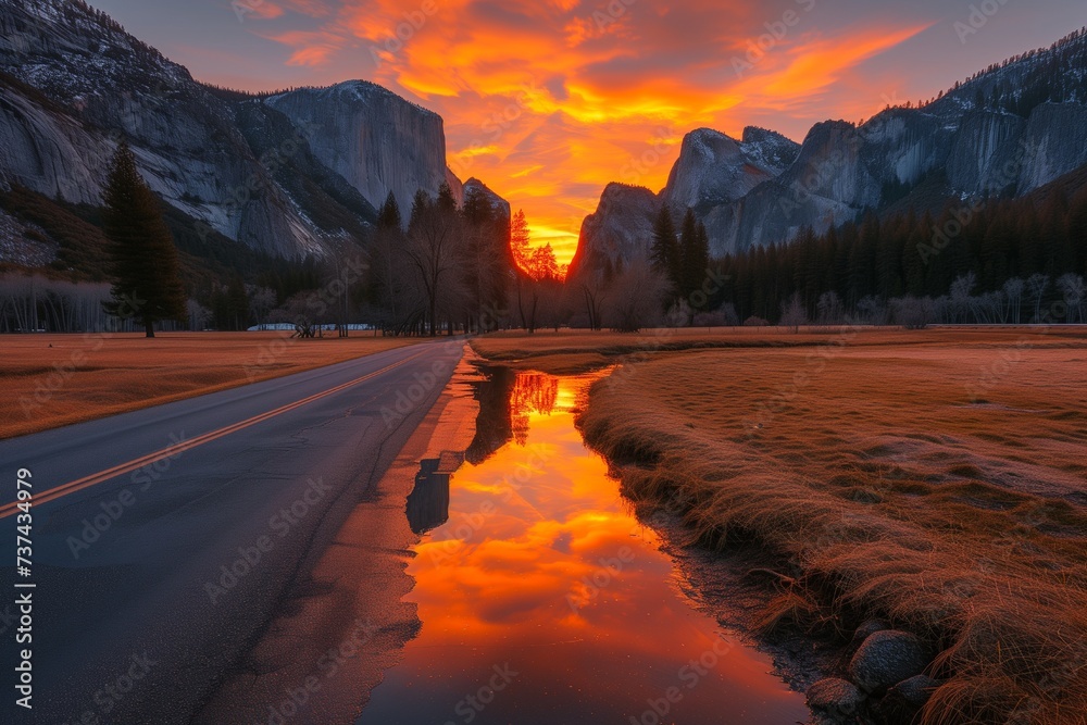 A road leading to a sunrise that envelopes the mountains in a warm, amber light, with a nearby creek reflecting the sunrise's glow.