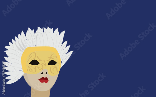 Venice carnival mask with feathers on blue background