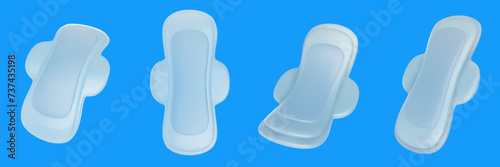 Set white women menstrual pad different view in bright cartoon 3d style. Cute modern minimal vector illustration.