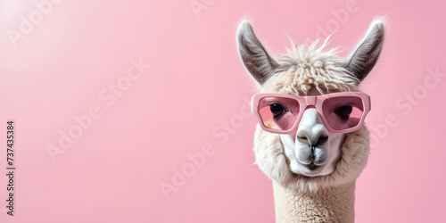 Funny alpaca wearing in pink sunglasses on pink background with copy space. © julijadmi