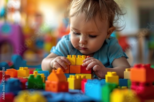 A toddler is playing with colorful wooden block toys