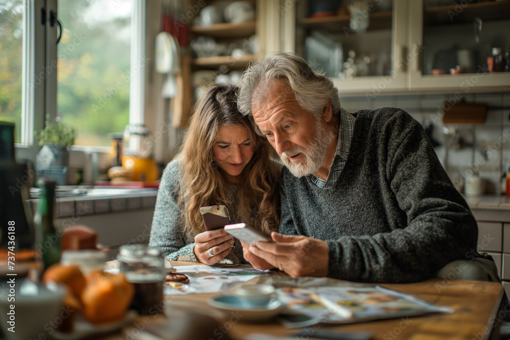 Couple sitting at table in kitchen using smartphone Couple sitting at table in kitchen using smartphone