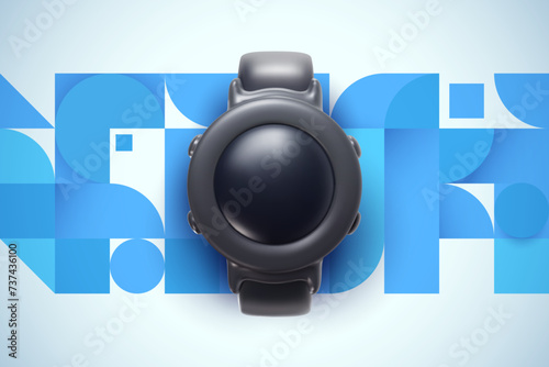 Banner with smart watch device for promotion or branding in bright cartoon 3d style. Cute modern minimal vector illustration. Creative fashion composition.