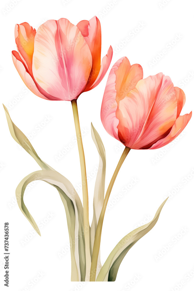 Two Watercolor tulips. Orange floral arrangement isolated botanical illustration. Blossom tulip flowers design.