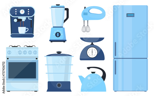 Home appliance set. Household electric devices collection. Refrigerator, stove, coffee machine, mixer, blender, kettle, scale. Domestic equipment. House electronics. Vector illustration.