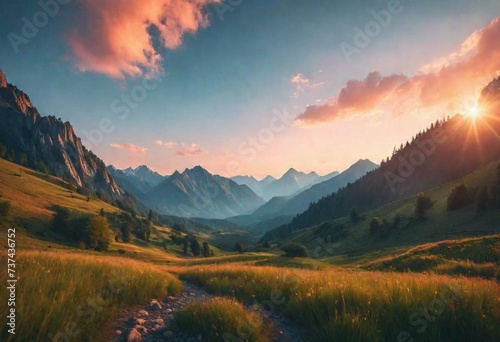 Mountains during sunset. Beautiful natural landscape in the summer time. AI generated © Muhammad