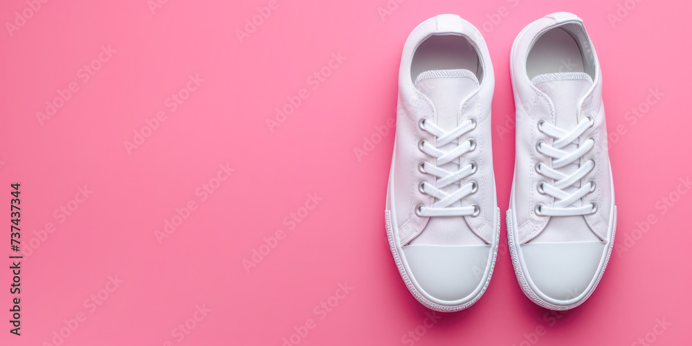 Stylish mock-up white sneakers pair isolated on a pastel pink background.	
