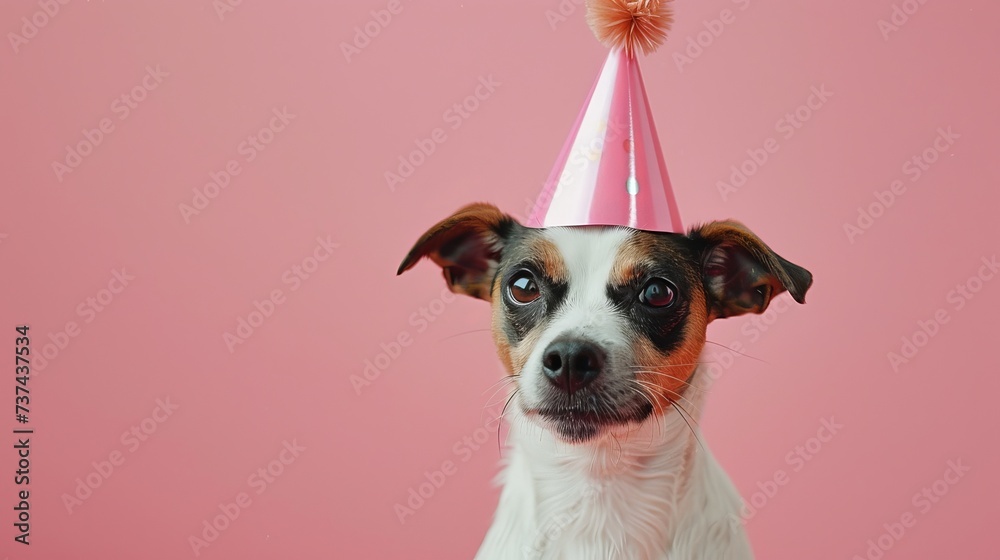Cute dog wearing festive hat waiting for gifts on pastel pink blue background, copy space, birthday card concept. Birthday web lne, confectionery, bakery, business concept. Generative ai
