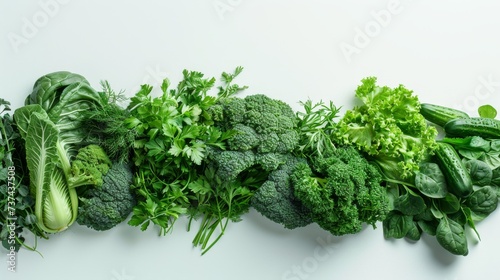Farm to table abundance concept. Different types of fresh green vegetables and green herbs on white background copy space. Health, vitamins and healthy lifestyle. Generative ai