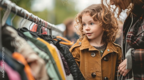 Young girl and her mother standing in front of a rack of clothes in Secondhand clothing store. Vintage clothes in a store on sale. Recycling and life extension for clothes concept. Generative ai