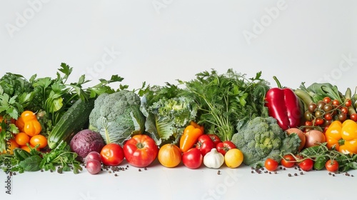 Farm to table abundance concept. Different types of fresh Vegetables on white background copy space. Health, vitamins and healthy lifestyle. Generative ai