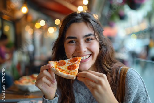 Happy woman eating a piece of pizza in a cafe