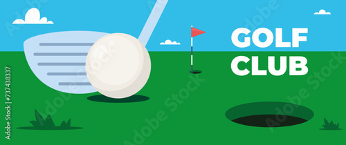 Golf club and ball tee on grass field, vector sport tournament poster background. Golf championship or team competition event banner with golf ball and stick on green putter field Vector illustration.