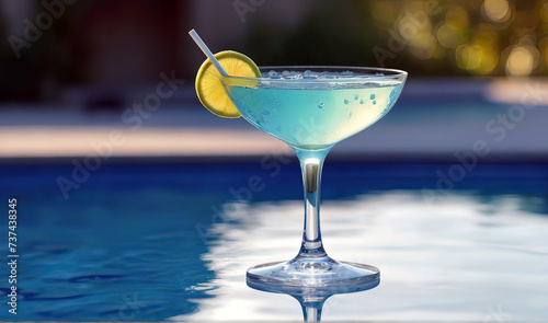 Tini cocktail on poolside by pool. Generative AI illustration © Xabi