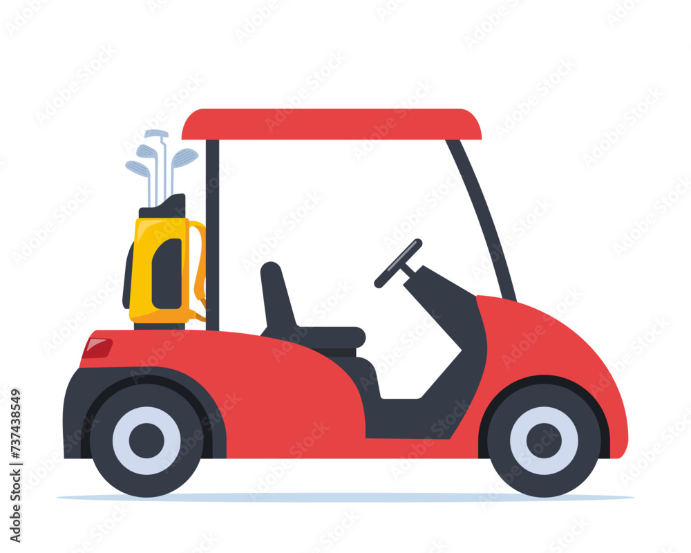 Electric golf car with golf club bag. Transport, vehicle for playing golf. Vector illustration.