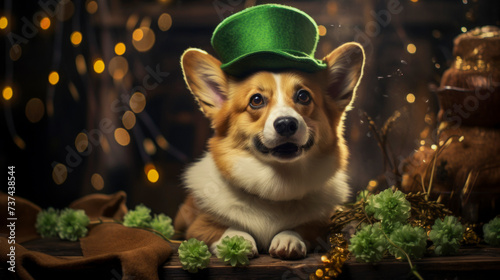 Red welsh corgi pembroke in a green hat celebrating St Patrick Day. Gold coins in pot. Irish holiday in March symbol, earth day. Blurred background with bokeh. Copy space.