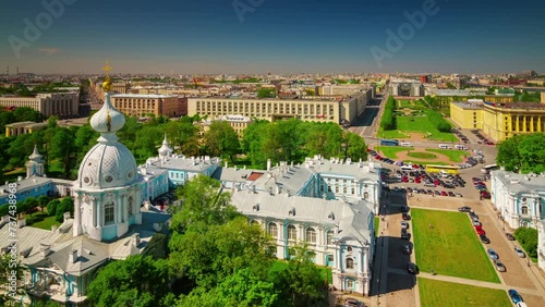 SAINT-PETERSBURG, RUSSIA - JUNE, 2023: Smolny Cathedral rooftop view, historical orthodox church and monastery from above, timelapse and hyperlapse footage of a famous city touristic landmark. photo