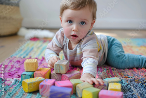 A toddler is playing with colorful wooden block toys