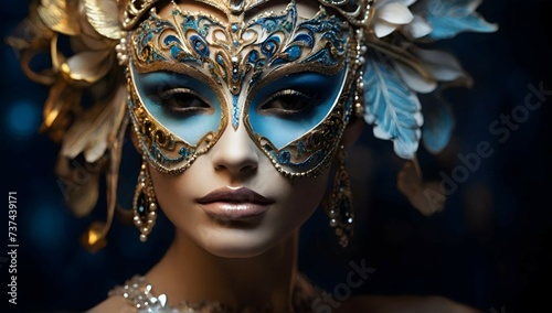 Portrait of a woman in a richly decorated masquerade mask. the mask has high detail and elegant style. the design creates an atmosphere of mystery, fantasy, and magic.