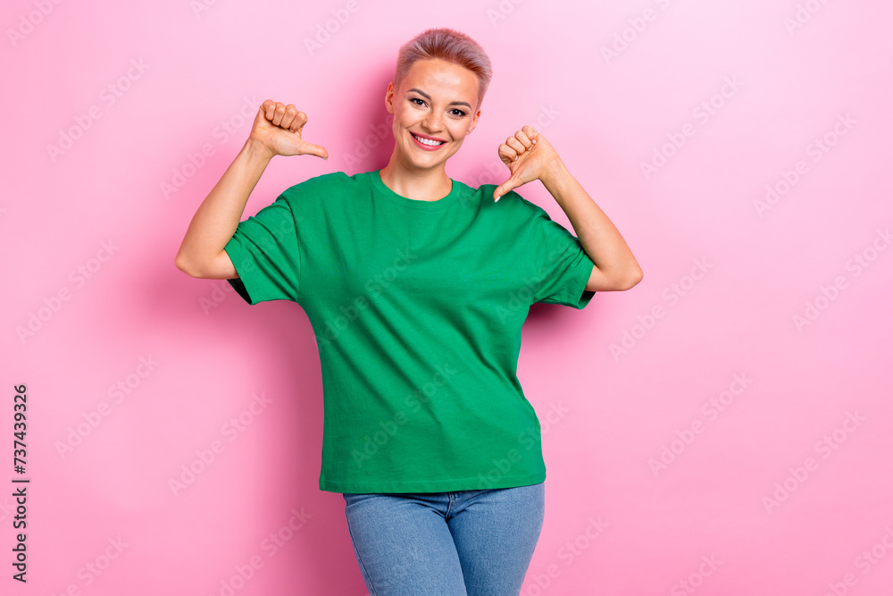 Photo of lovely cheerful satisfied woman wear brand collection clothes isolated on pink color background Photo of lovely cheerful satisfied woman wear brand collection clothes isolated on pink color background