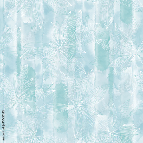 Floral background with abstract leaves on a blue watercolor.  Hand-drawn vector illustration.  Art seamless pattern. Perfect for design templates, wallpaper, wrapping, fabric and textile, print.