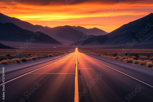 A straight desert highway approaching a fiery sunset that bathes the mountains in a soft glow.