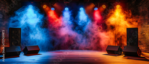 Concert Stage with Bright Spotlights and Smoke, Entertainment Event Background, Live Music Performance Scene