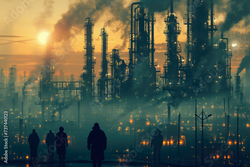 group of oil refineries in the middle of a city. The refineries are polluting the air, and there are people wearing masks in the background photo