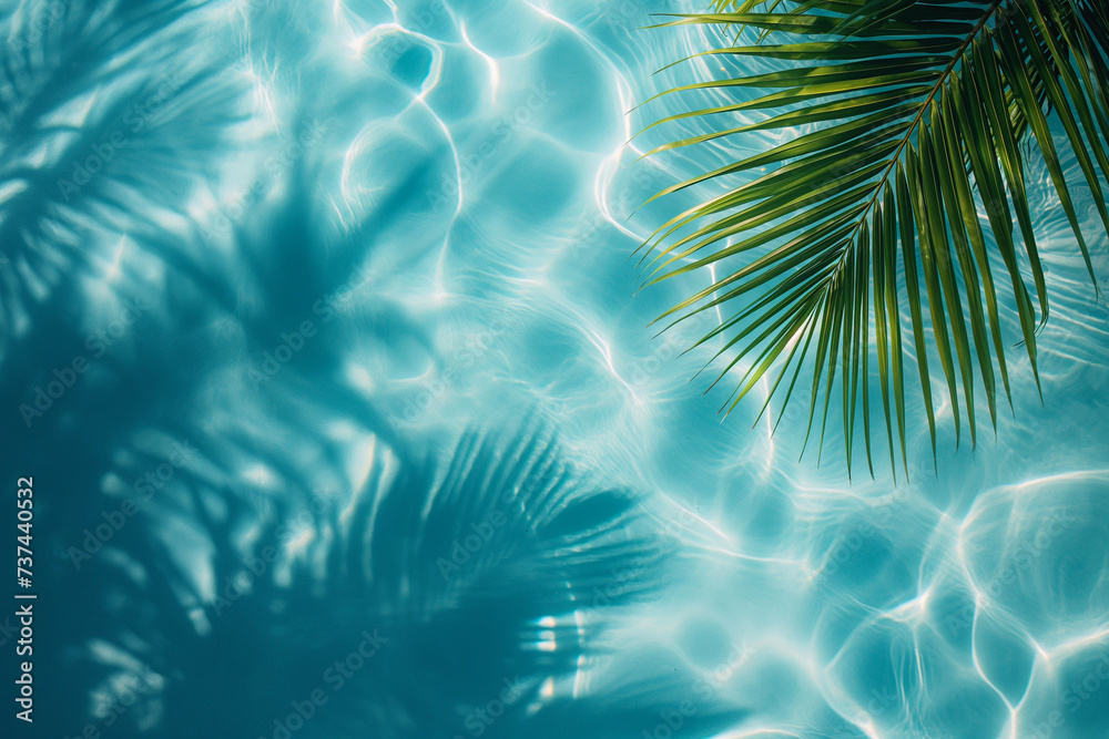 Water and sand surface with tropical palm leaves shadow. Green palm leaf shadow on white sand beach of an ocean shore. Tropical background for summer vacation at the beach. Calm sea, perfect vacation - obrazy, fototapety, plakaty 
