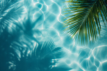 Water and sand surface with tropical palm leaves shadow. Green palm leaf shadow on white sand beach of an ocean shore. Tropical background for summer vacation at the beach. Calm sea, perfect vacation