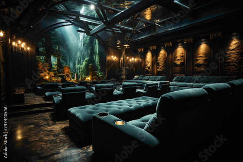 Picture a cinema interior designed for luxury and comfort, with plush seats, modern aesthetics, and a widescreen that brings films to life.