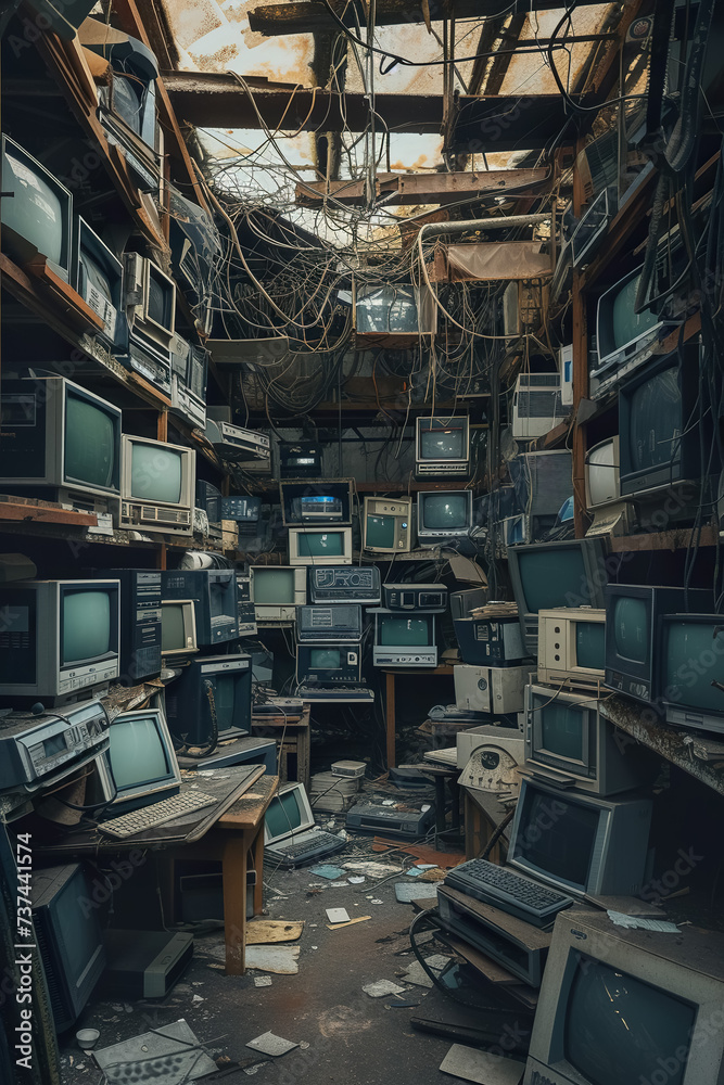 dump of old broken obsolete computer with displays or tv, pile of junk electronics, industrial concept