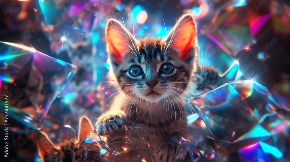 Cute little kitten with big blue eyes in colorful tinsel
