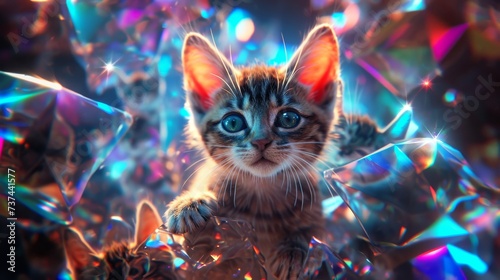 Cute little kitten with big blue eyes in colorful tinsel
