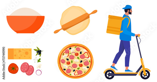 Pizza cooking and delivery steps. Easy recipe for homemade Italian food. Preparation of the dough. Courier on an electric scooter delivers pizza. Vector illustration.