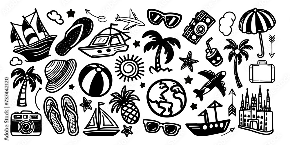 Travel doodle sea tour hand sketch set. Travel summer trip drawn vector vacation set - obrazy, fototapety, plakaty 