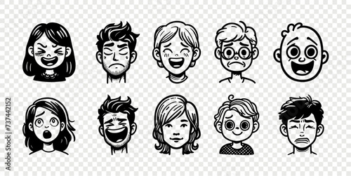 Face human man woman doodle vector set. Face people expression person sketch collection diversity set