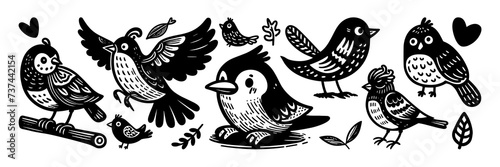 Bird flying tweet cute cartoon doodle set. Bird dove sparrow animal flight vector set photo