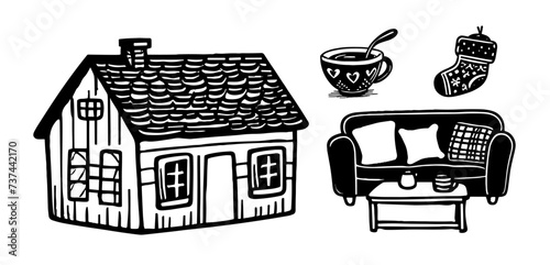 Bedroom home hand drawing vector doodle set. Bedroom house sketch apartment cartoon doodle set